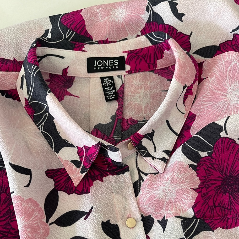 Jones New York Pink Hot Pink Black Floral Button Front Blouse Sz XL Pockets - Picture 12 of 16